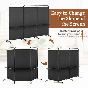 3-Panel Folding Room Divider with 3 Metal Shelves and Lockable Wheels-Black view 8