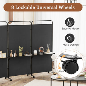 3-Panel Folding Room Divider with 3 Metal Shelves and Lockable Wheels-Black view 9