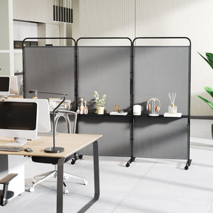 3-Panel Folding Room Divider with 3 Metal Shelves and Lockable Wheels-Gray view 3