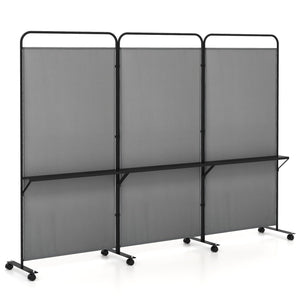 3-Panel Folding Room Divider with 3 Metal Shelves and Lockable Wheels-Gray view 4