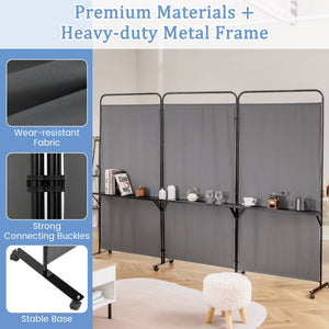 3-Panel Folding Room Divider with 3 Metal Shelves and Lockable Wheels-Gray view 7