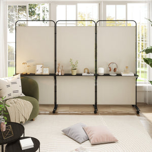 3-Panel Folding Room Divider with 3 Metal Shelves and Lockable Wheels-White view 2