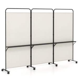 3-Panel Folding Room Divider with 3 Metal Shelves and Lockable Wheels-White view 4