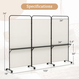 3-Panel Folding Room Divider with 3 Metal Shelves and Lockable Wheels-White view 5