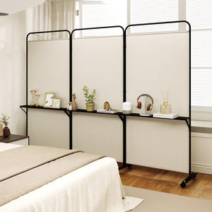 3-Panel Folding Room Divider with 3 Metal Shelves and Lockable Wheels-White view 6
