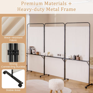 3-Panel Folding Room Divider with 3 Metal Shelves and Lockable Wheels-White view 7