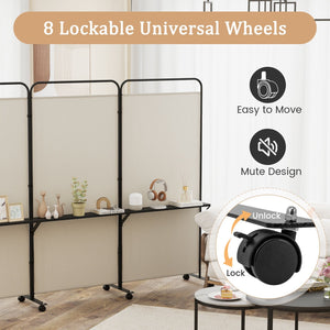 3-Panel Folding Room Divider with 3 Metal Shelves and Lockable Wheels-White view 9