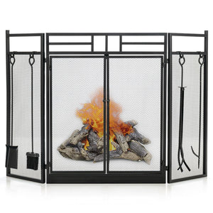 3-Panel Folding Wrought Iron Fireplace Screen with 4 Pieces Tools Set-Black view 3