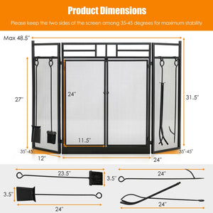 3-Panel Folding Wrought Iron Fireplace Screen with 4 Pieces Tools Set-Black view 4
