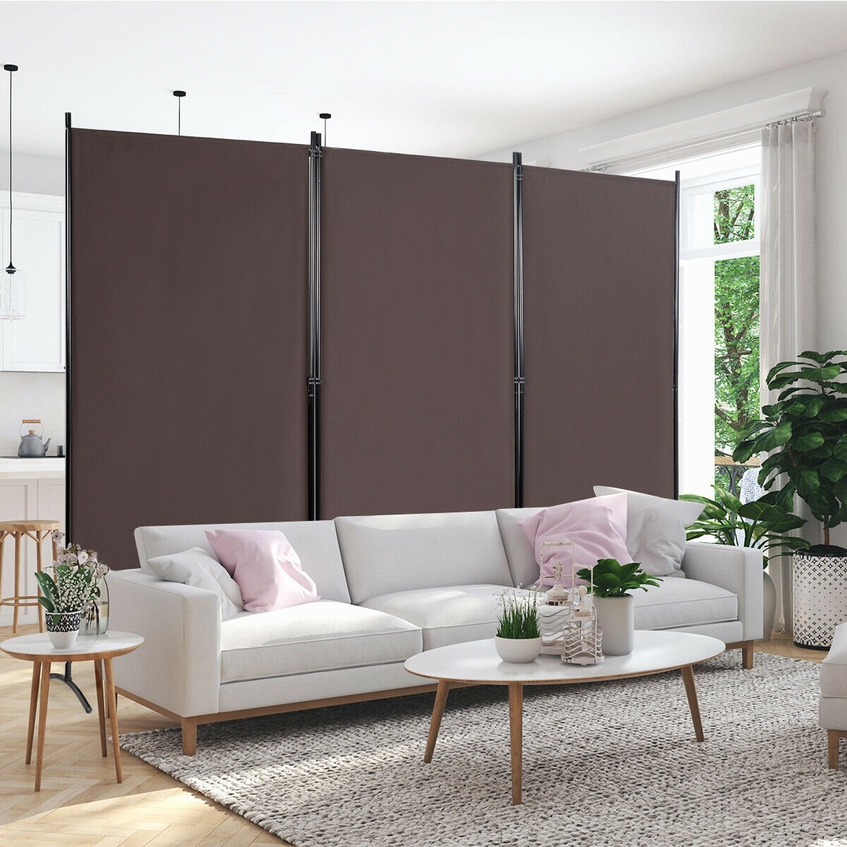 3-Panel Room Divider Folding Privacy Partition Screen for Office Room-Brown view 2