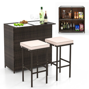 3 Pcs Patio Bar Set with Tempered Glass Tabletop-Brown view 4