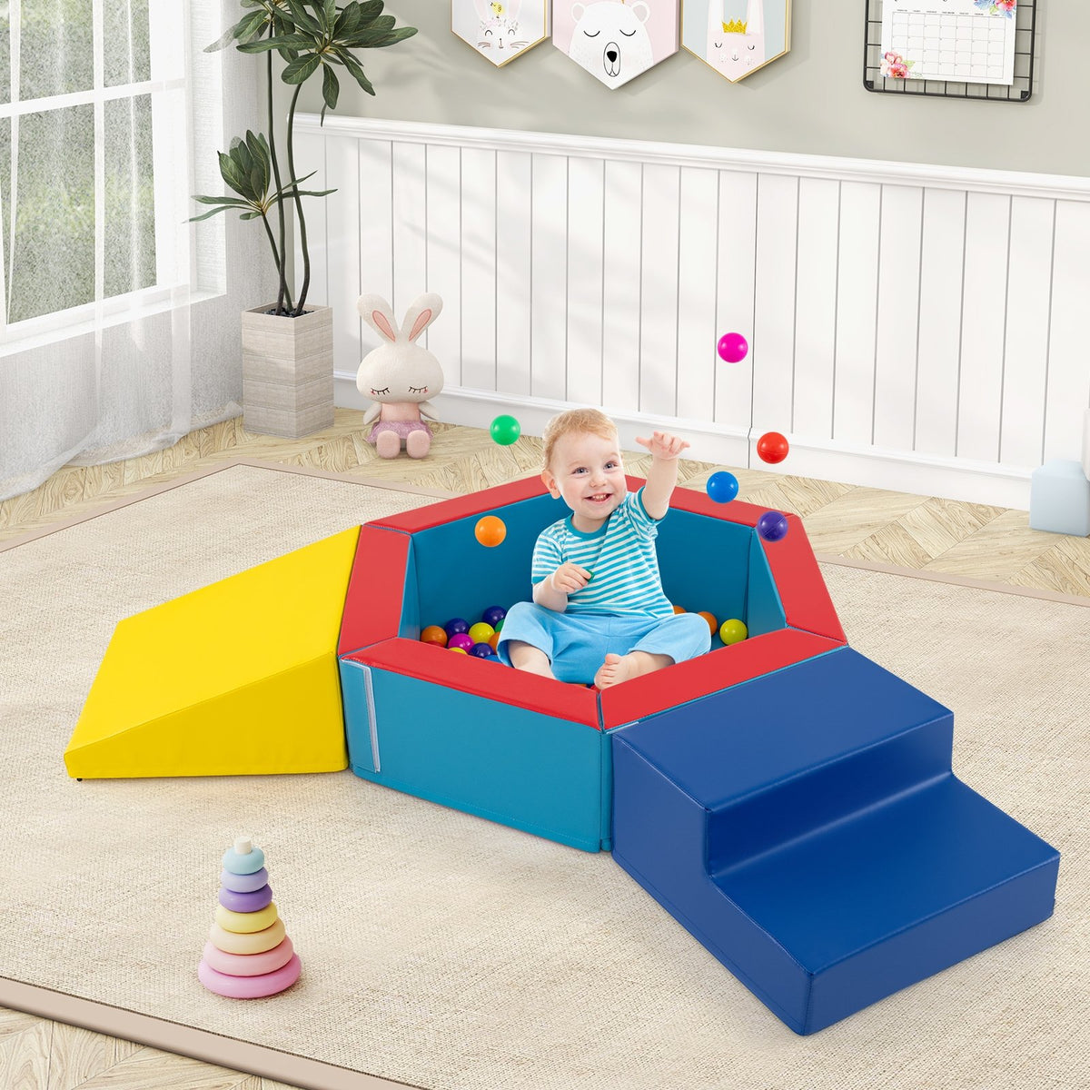 3-Piece Baby Foam Climbing Blocks Climb and Crawl Set with 100 Ocean Balls-Yellow view 2