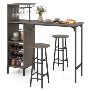 3 Piece Bar Table and Chairs Set with 6-Bottle Wine Rack-Oak