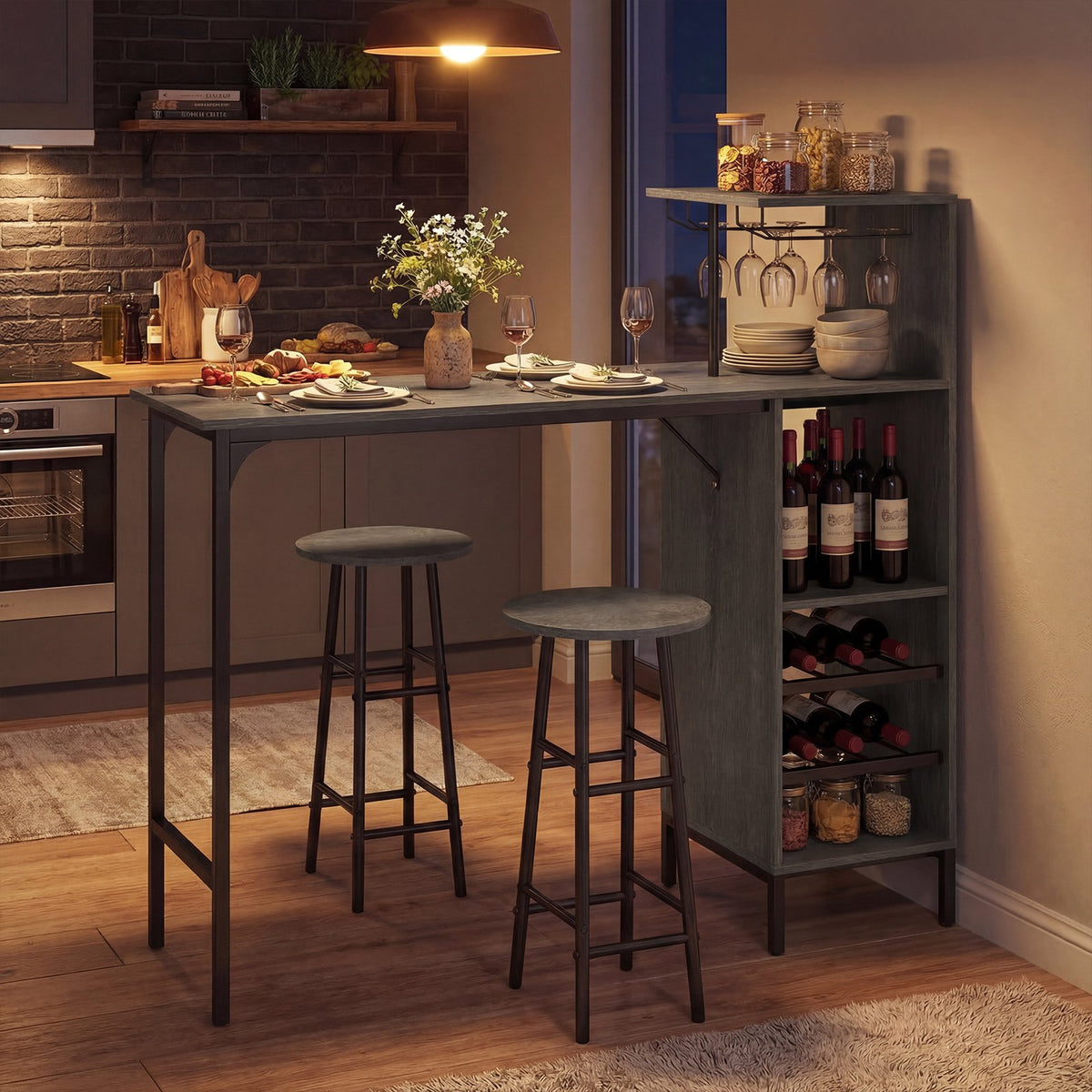 3 Piece Bar Table and Chairs Set with 6-Bottle Wine Rack-Oak view 2
