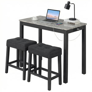 3-Piece Bar Table Set with Charging Station and Faux Marble Top-Gray view 4