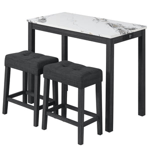 3-Piece Bar Table Set with Charging Station and Faux Marble Top-White