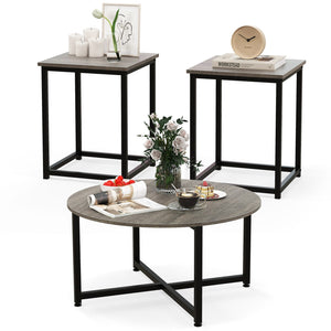 3-Piece Coffee Table Set Round Coffee Table and 2PCS Square End Tables-Gray view 4