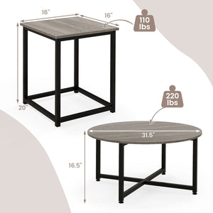 3-Piece Coffee Table Set Round Coffee Table and 2PCS Square End Tables-Gray view 5