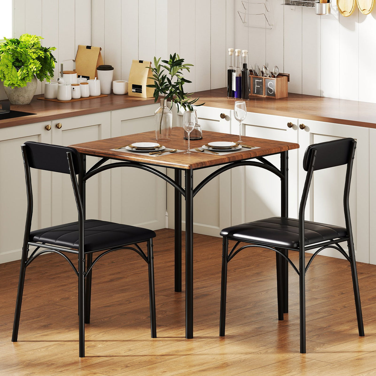 3-Piece Dining Table Set Square Kitchen Table and 2 Chairs for Dining Room-Rustic Brown view 2