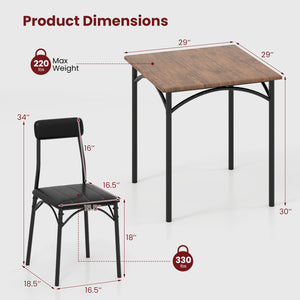 3-Piece Dining Table Set Square Kitchen Table and 2 Chairs for Dining Room-Rustic Brown view 5