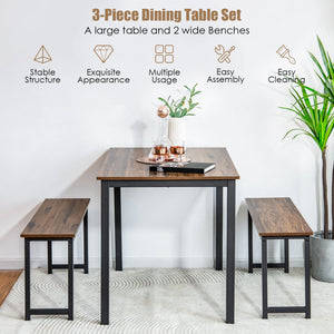3 Pieces Dining Table Set with 2 Benches for Dining Room Kitchen Bar-Brown view 7