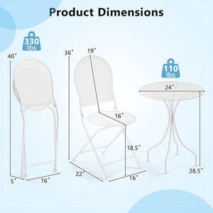 3 Piece Metal Bistro Patio Round Table and 2 Folding Chairs Set-White view 5