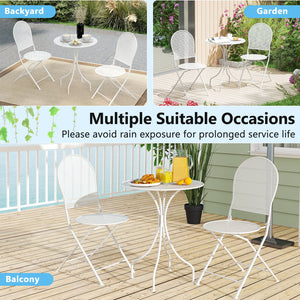 3 Piece Metal Bistro Patio Round Table and 2 Folding Chairs Set-White view 8
