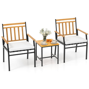 3 Pieces Outdoor Furniture Set Acacia Wood Patio Conversation Set with Cushions-White view 4