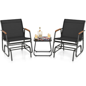 3-Piece Outdoor Glider Bistro Set with Tempered Glass Top and Metal Frame-Black