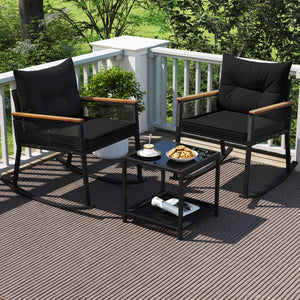 3 Piece Outdoor PE Rattan Rocking Bistro Set with 2-Tier Coffee Table-Blackcolor view 3