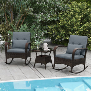 3 Piece Outdoor Rocking Set with Tempered Glass Coffee Table for Backyard Poolside-Gray view 2