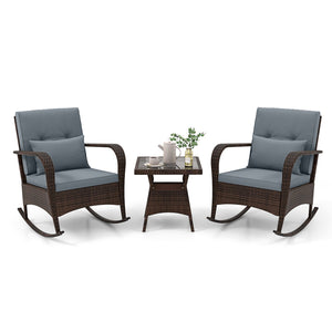 3 Piece Outdoor Rocking Set with Tempered Glass Coffee Table for Backyard Poolside-Gray view 4