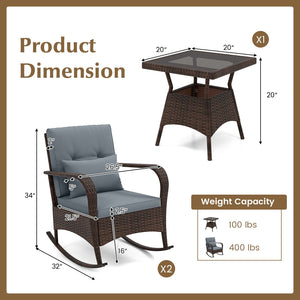 3 Piece Outdoor Rocking Set with Tempered Glass Coffee Table for Backyard Poolside-Gray view 5