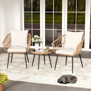 3 Piece Patio Bistro Set with PE Rattan Wicker Chairs and Tempered Glass Coffee Table-Natural view 3