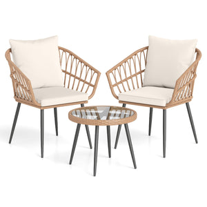 3 Piece Patio Bistro Set with PE Rattan Wicker Chairs and Tempered Glass Coffee Table-Natural view 4
