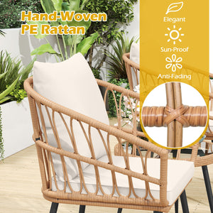 3 Piece Patio Bistro Set with PE Rattan Wicker Chairs and Tempered Glass Coffee Table-Natural view 6