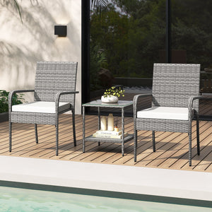 3 Piece Patio Furniture Set with Seat Cushions and Tempered Glass Tabletop for Balcony-White view 7
