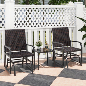 3 Piece Patio Gliding Set with Tempered Glass Coffee Table All Weather-Brown view 2