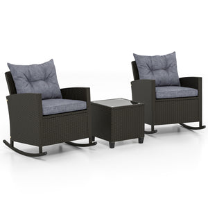 3-Piece Patio Rattan Roker Chairs with Tempered Glass Table and Soft Cushions-Dark Gray