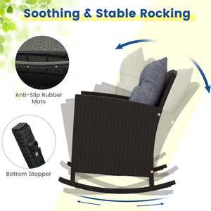 3-Piece Patio Rattan Roker Chairs with Tempered Glass Table and Soft Cushions-Dark Gray view 7