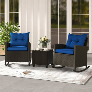 3-Piece Patio Rattan Roker Chairs with Tempered Glass Table and Soft Cushions-Navy view 3