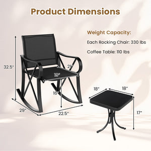 3 Piece Patio Rocking Set with Smooth Rocking Motion Outdoor Rocker Chair Bistro Set-Black view 5