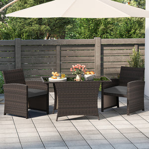 3 Piece Patio Wicker Dining Set with Rectangle Tempered Glass Dining Table-Gray view 2