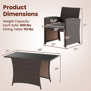 3 Piece Patio Wicker Dining Set with Rectangle Tempered Glass Dining Table-Gray view 5