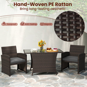 3 Piece Patio Wicker Dining Set with Rectangle Tempered Glass Dining Table-Gray view 6