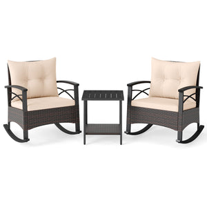 3 Piece Rocking Bistro Set PE Rattan Rocker Chairs with Acacia Wood Top Table-Beige