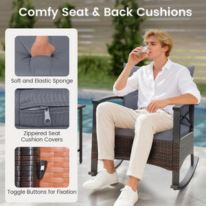 3 Piece Rocking Bistro Set PE Rattan Rocker Chairs with Acacia Wood Top Table-Gray view 9