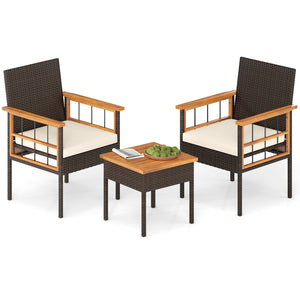 3 Piece Wicker Furniture Set with Acacia Wood Tabletop and Armrest for Balcony-White