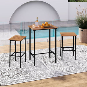 3 Pieces Acacia Wood Patio Bar Set Rectangular Table with Metal Frame view 2