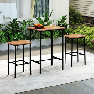 3 Pieces Acacia Wood Patio Bar Set Rectangular Table with Metal Frame view 3
